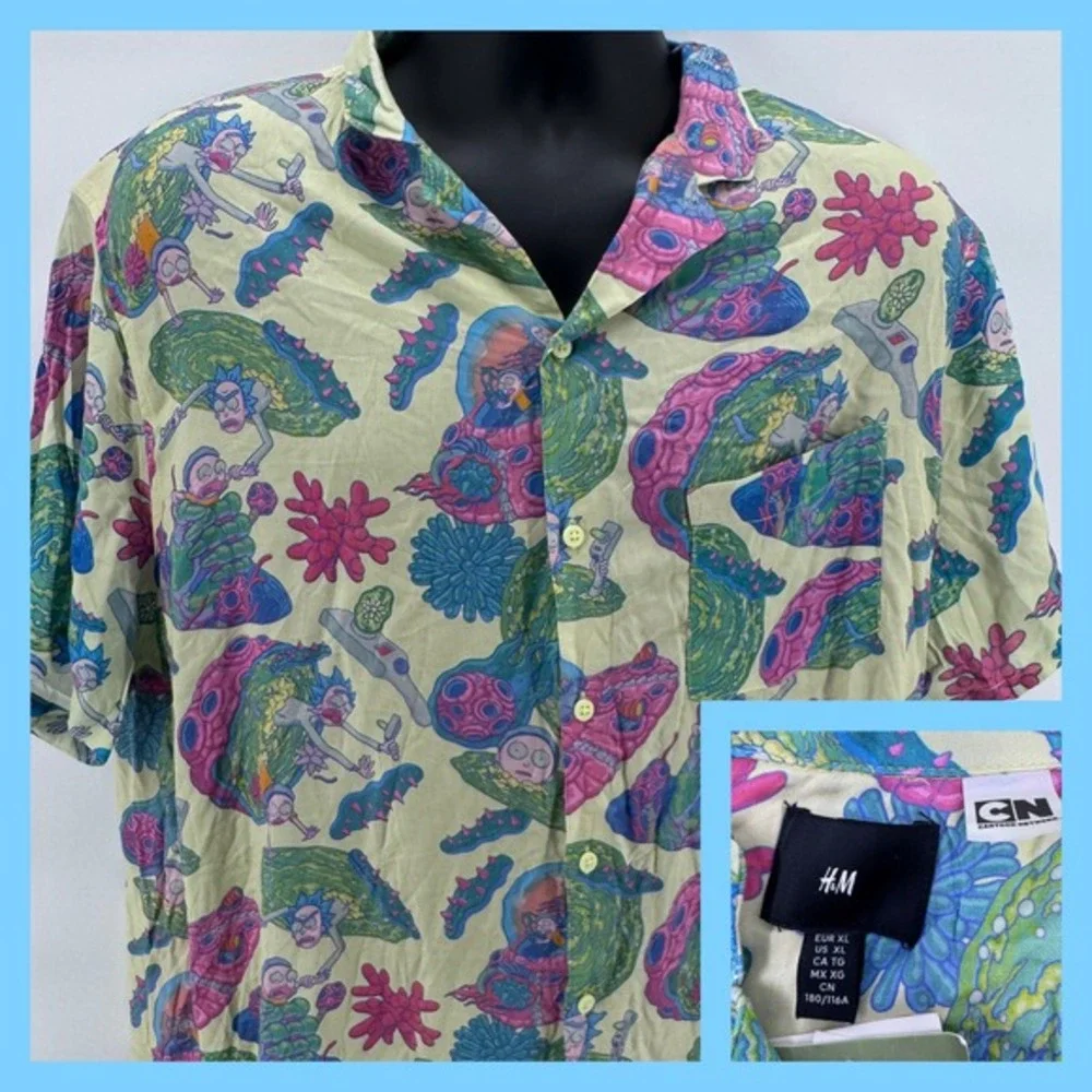 New H&M Rick and Morty Cartoon‎ Network Short Sleeve Button Up Shirt Mens XL